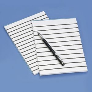 Two A4 thick lined paper with large print notepads. A pen rests on the top pad.
