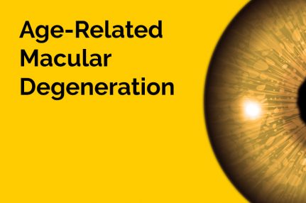 The words 'Age Related Macular Degeneration' are displayed in large letters. Half of an eyeball is also displayed against a yellow background.