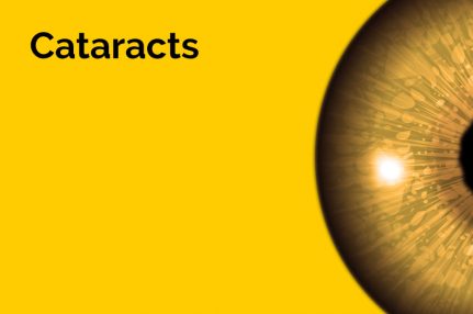The word 'Cataracts' is displayed in large letters. Half of an eyeball is also displayed against a yellow background.