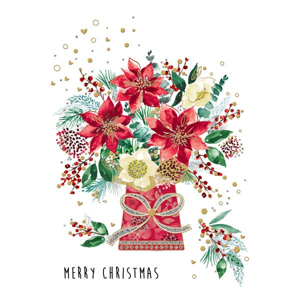 A beautiful Christmas card design of red, cream and green bouquet of flowers on a white background with the words Merry Christmas in black text below.