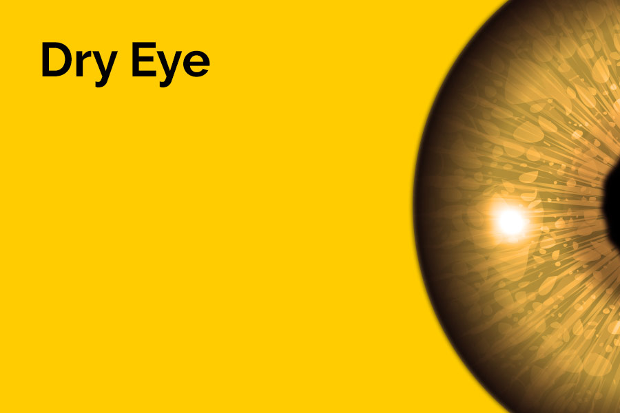 The words 'Dry Eye' are displayed in large letters. Half of an eyeball is also displayed against a yellow background.