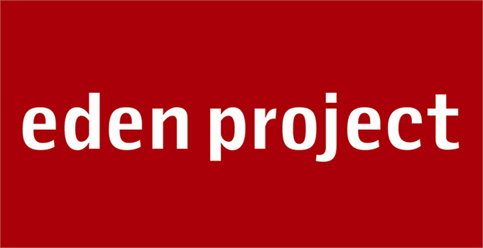 Eden Project logo in a white font with a red background.
