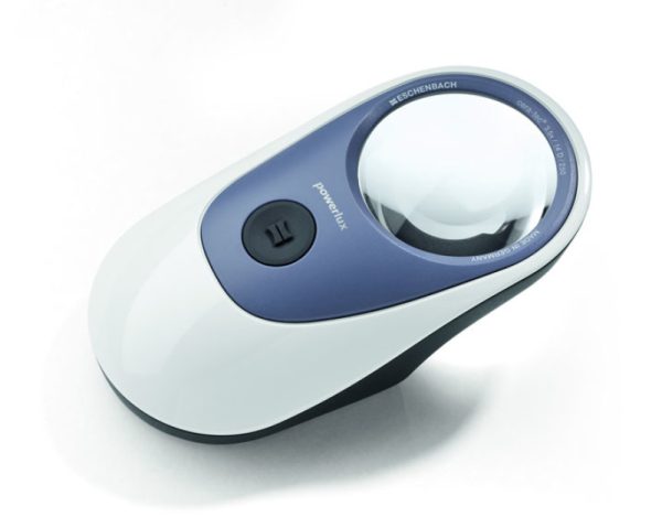 A rounded magnifier shaped similarly to a computer mouse with a round button in the middle