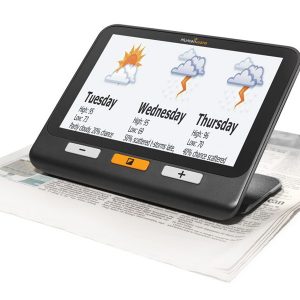 The Explore 8 handheld video magnifier. The weather forecast from a newspaper can be seen displayed on the magnifier screen.