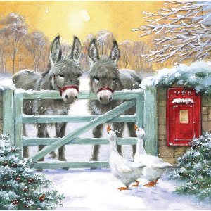 A snowy scene featuring two donkeys looking over a gate, peering at two geese on the floor. They are surrounded by snowy bushes and a red postbox. Behind them is the orange of the sunrise and more snowy trees.