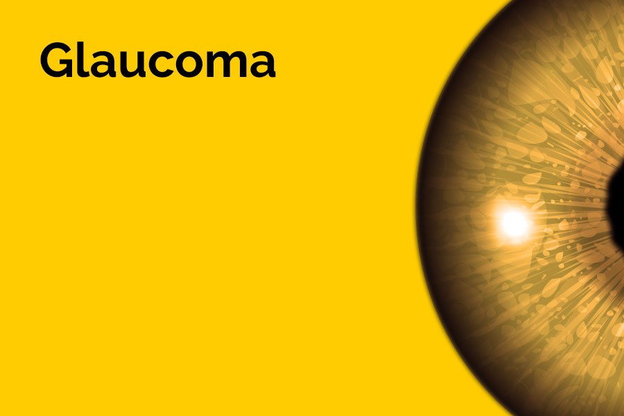 The word 'Glaucoma' is displayed in large letters. Half of an eyeball is also displayed against a yellow background.