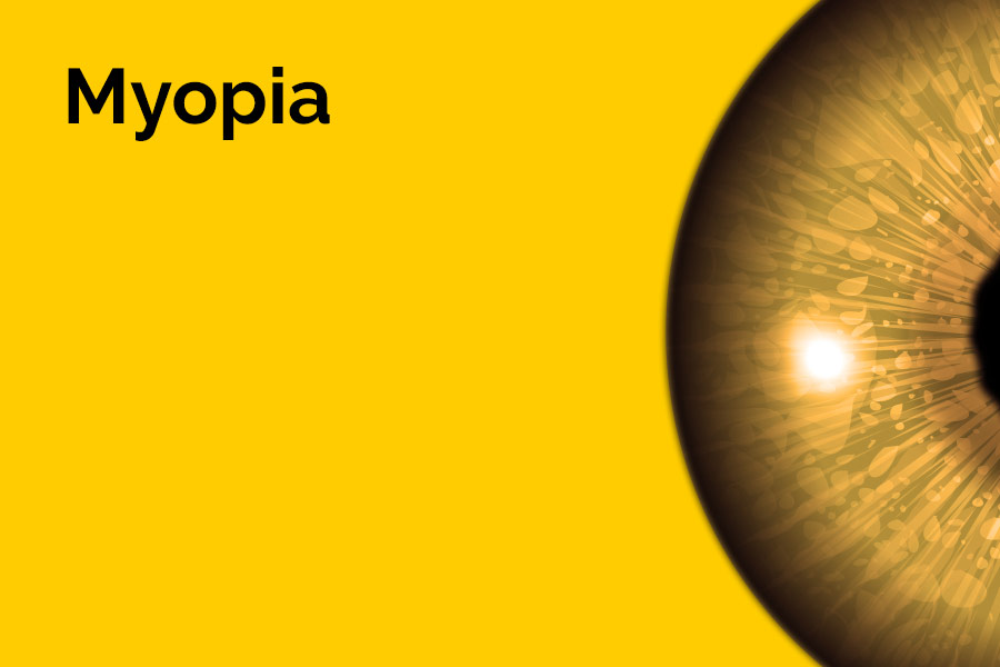 The word 'Myopia' is displayed in large letters. Half of an eyeball is also displayed against a yellow background.