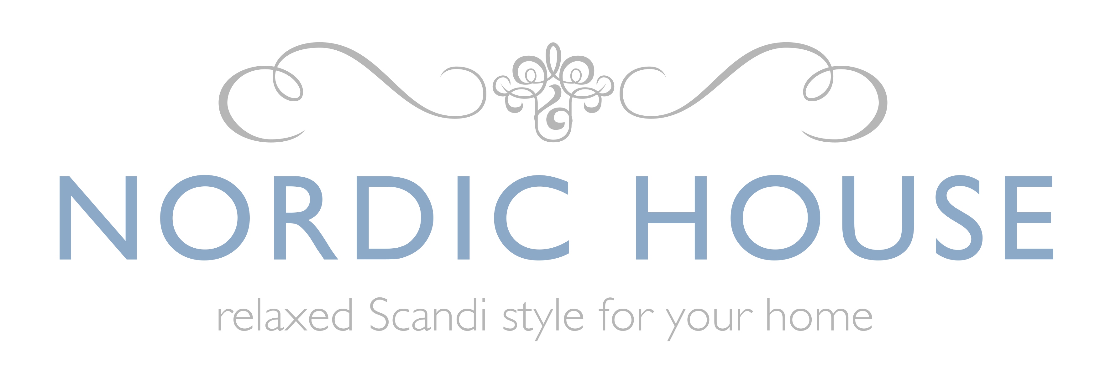 Nordic House logo in grey, light blue and white with a silver swirly pattern.