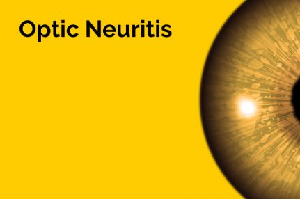 The words 'Optic Neuritis' are displayed in large letters. Half of an eyeball is also displayed against a yellow background.