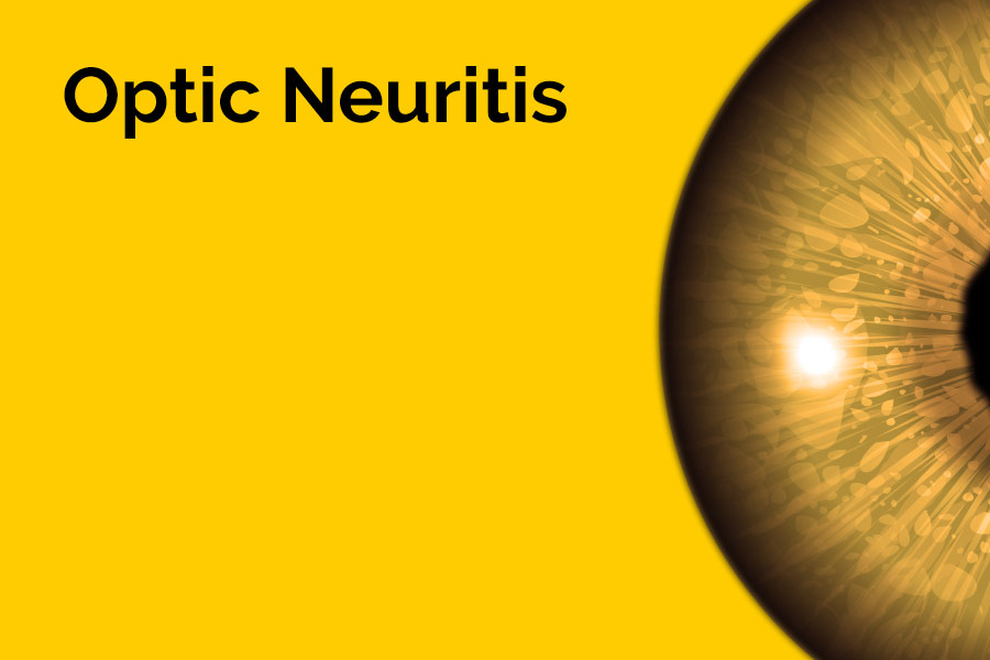 The words 'Optic Neuritis' are displayed in large letters. Half of an eyeball is also displayed against a yellow background.