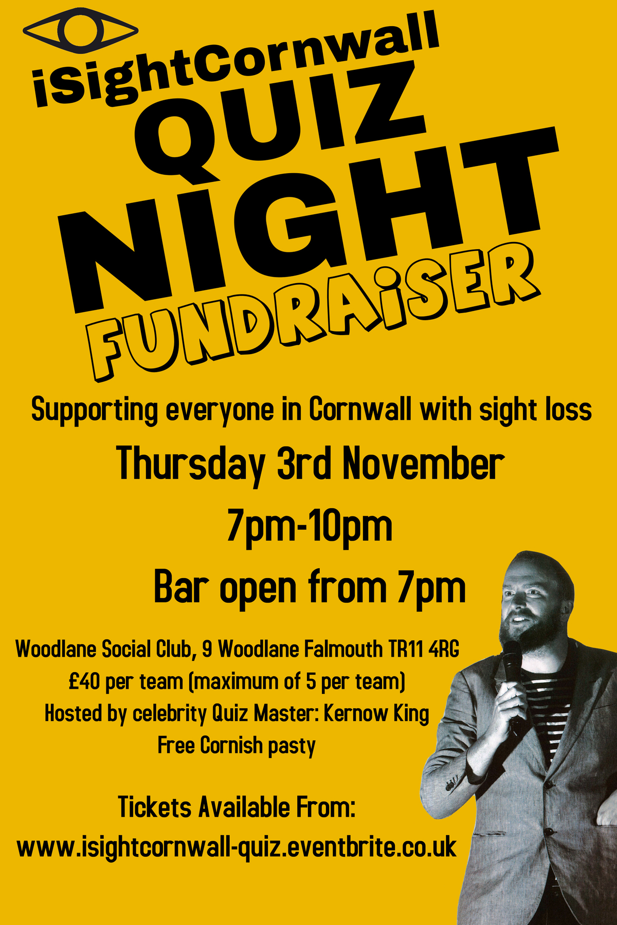 Poster for our iSightCornwall Quiz Night Fundraiser on Thursday 3rd November at Woodlane Social Club, Falmouth.