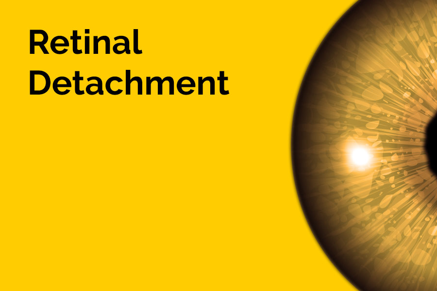A yellow background with the words 'Retinal detachment' in black font next to a close up of an eye