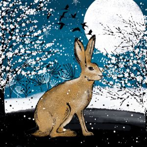 Christmas card featuring a moonlit hare on a snowy field surrounded by flowers and snowy branches with a dark blue night time sky