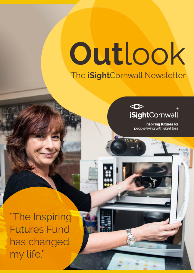 Outlook front page Spring 2017 showing a client who was helped by our inspiring future's fund using a talking microwave