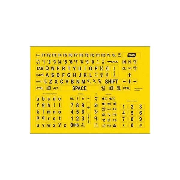 Large print keyboard stickers in yellow and black.