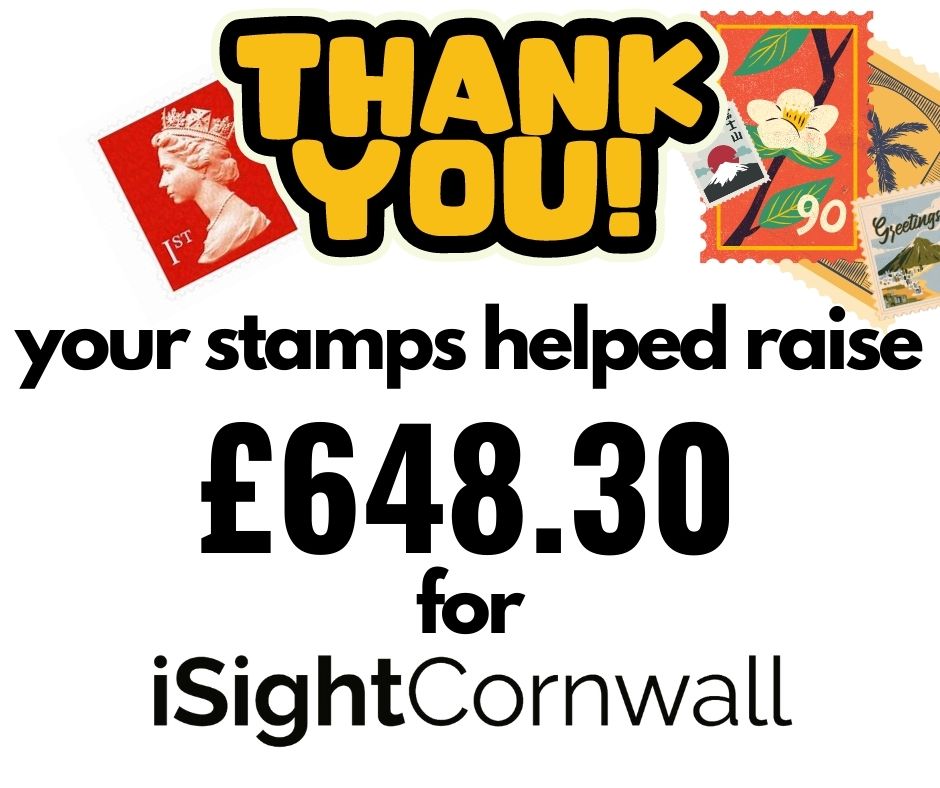Thank you in bright yellow bubble style writing with images of different types of stamps behind the writing. The text then reads Our Stamps helped raise £648.30 for iSightCornwall